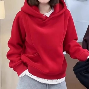 plus size fleece-lined Women's One Button 2024 New Winter Shoulder Invisible Pocket Fashion Short Hooded Top
