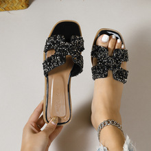 跨境H水钻一字拖鞋女夏季新款女鞋ins潮学生平底外穿高级感凉鞋女