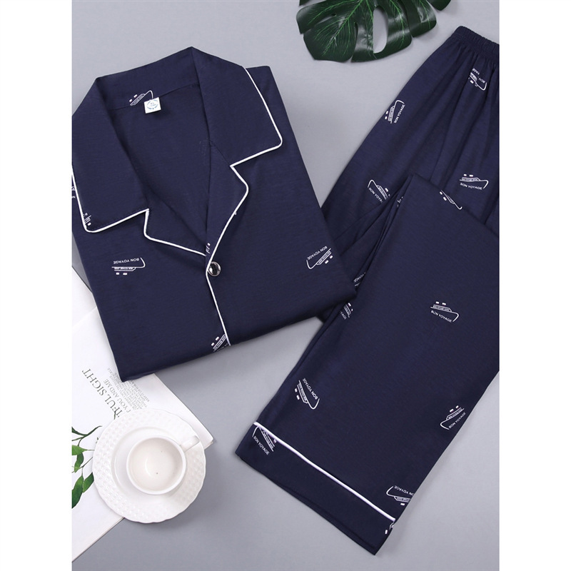 100% pijamas de algodón de manga larga de los hombres sueltos más tamaño aguja pequeño collar inverso joven y de mediana edad de primavera y otoño ropa de casa manga corta tejida