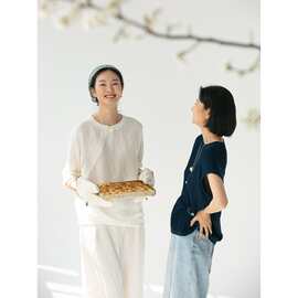 牧衣游 净色棉质套头衫通勤文艺简约圆领纯棉上衣女夏新款 越江吟