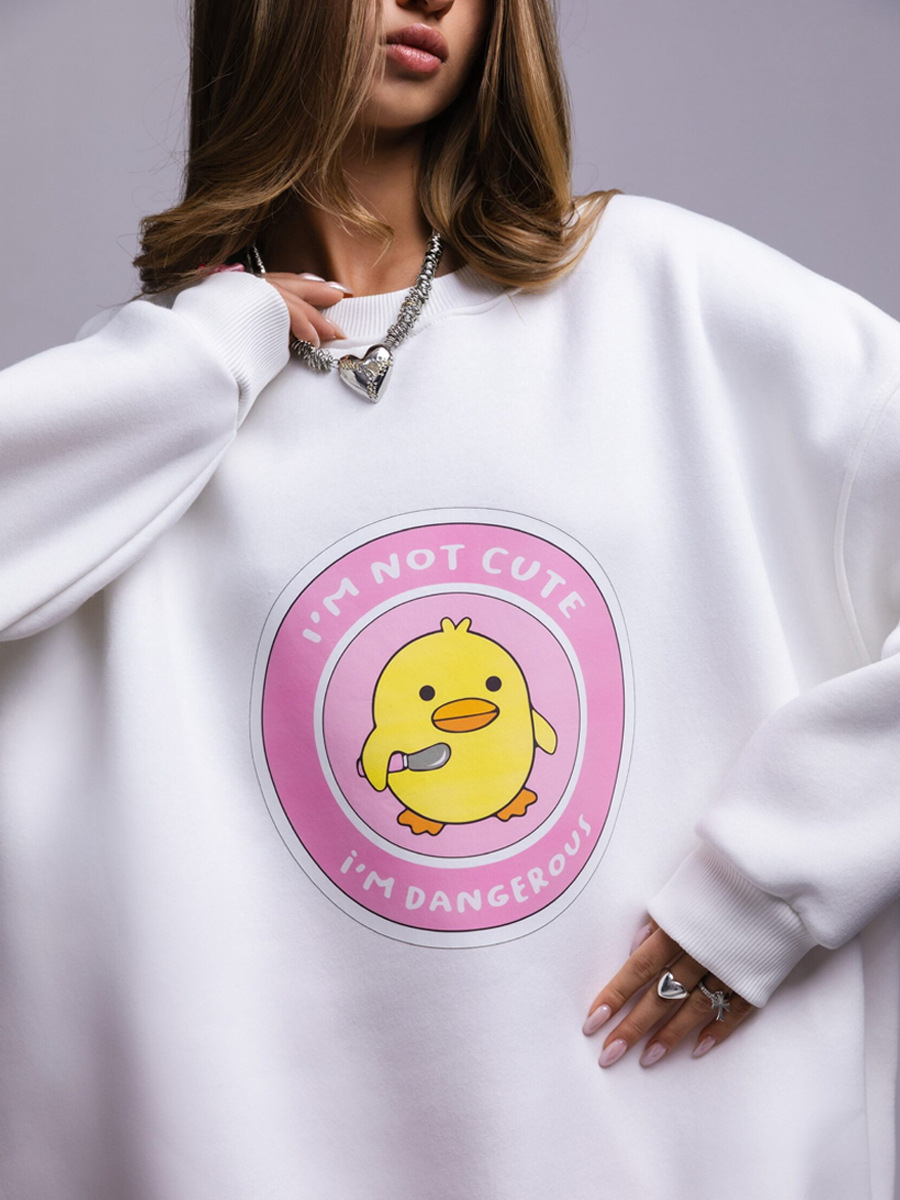 Transfronterizos cuello redondo impresión jersey Europa y América 2025 otoño nuevo estilo de mujer estilo deportivo pato amarillo + letras impresión jersey