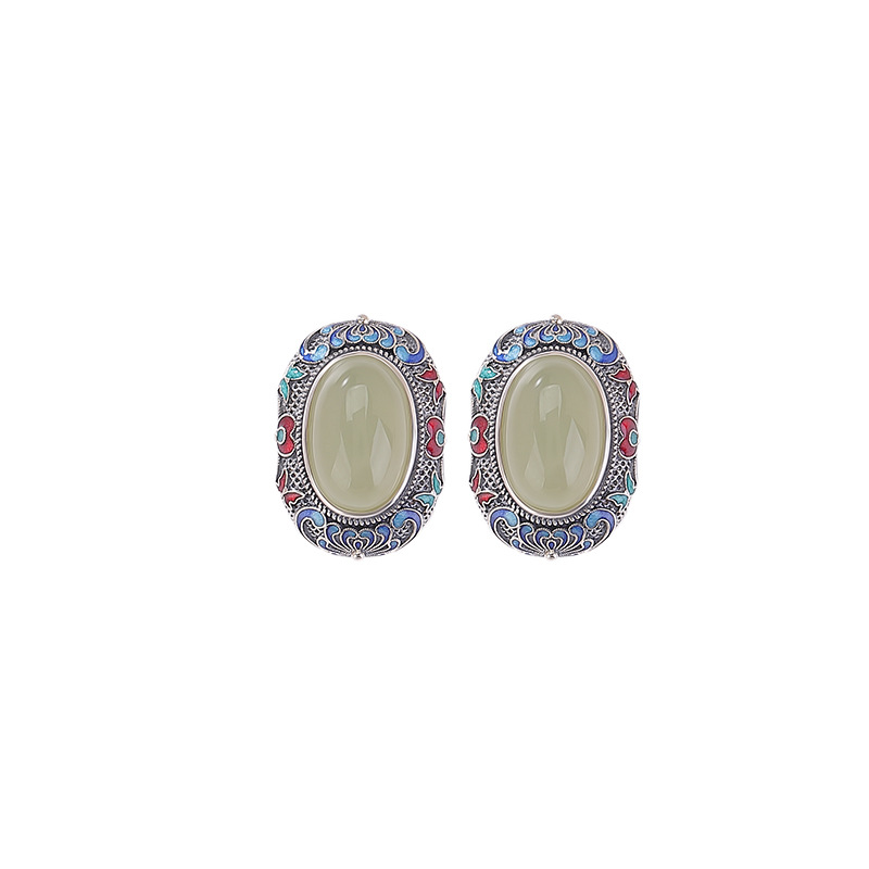 Khuyên tai bạc S925 đính đá ngọc tình thủy hình hoa sen phong cách vintage — Cặp đôi
