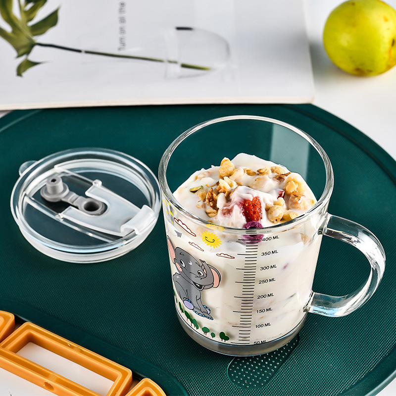 Ins-Style Large-Capacity Breakfast Cup, Little Elephant Oatmeal Cup 400ml with Scale, Lid, and Straw, Children's Glass Water Cup