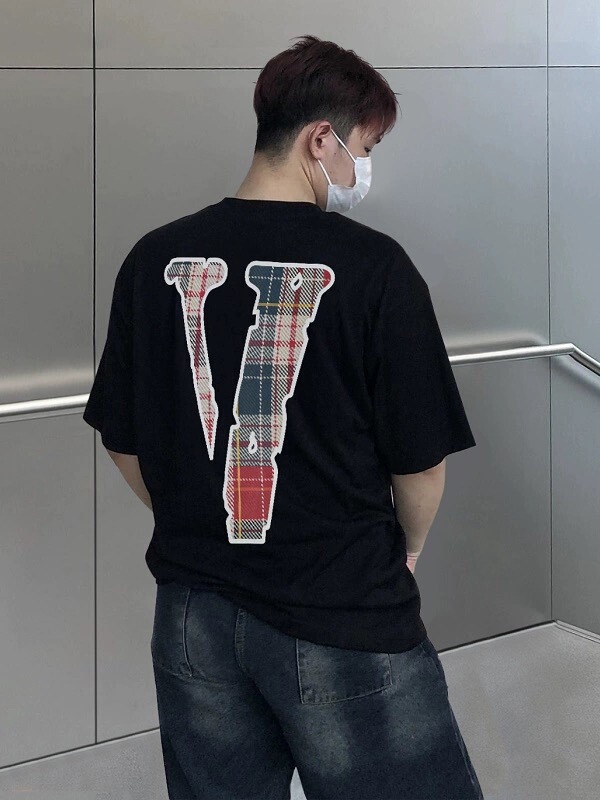 Vlone Gang Canvas Plaid Big V Letter Loose Cotton Casual Trendy Brand Men and Women Same Style Couple Pullover Short-Sleeved t