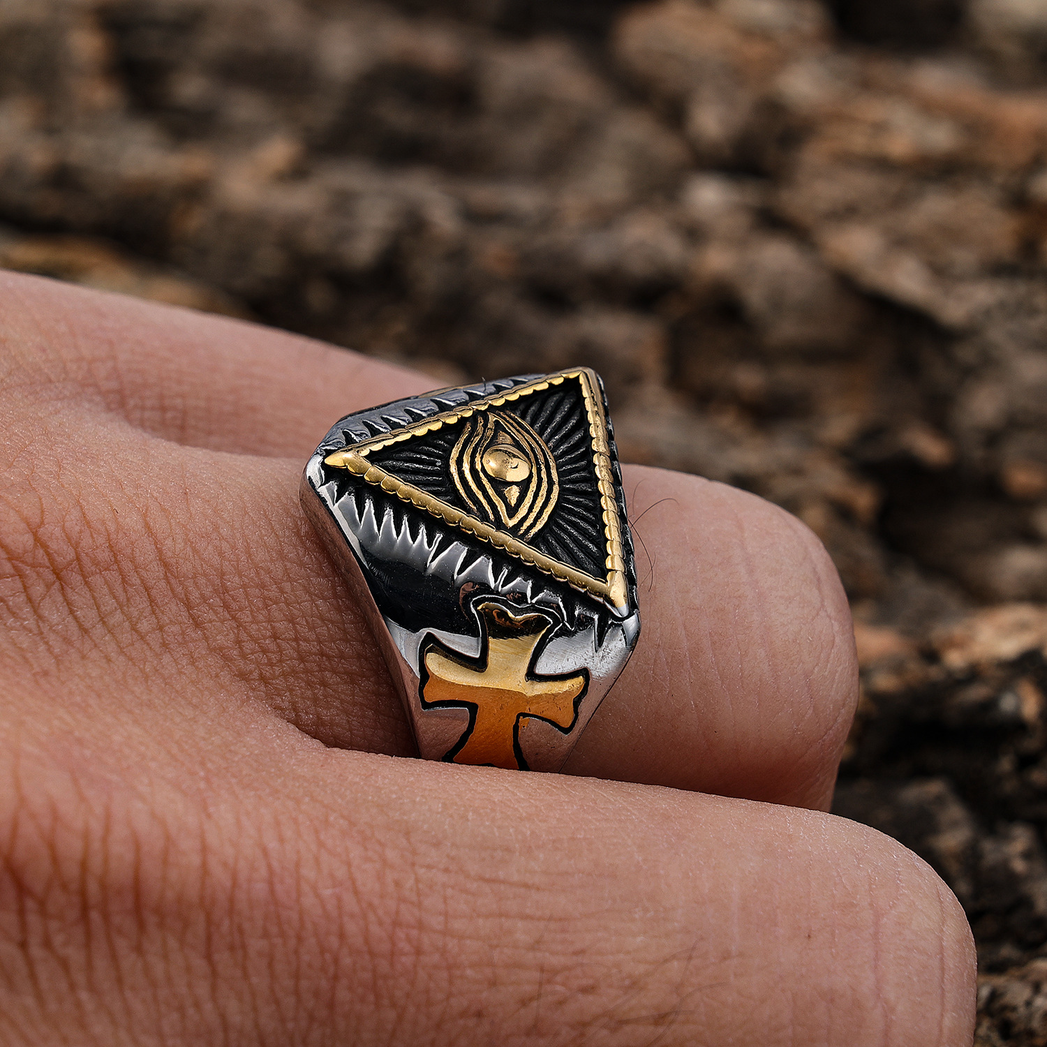 12, 7 Ring Size 1 Piece Quantity Hip-Hop Triangle Cross Eye 304 Stainless Steel Men'S Rings