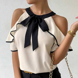 Round neck off shoulder bow top 圆领露肩蝴蝶结短袖衬衫上衣女