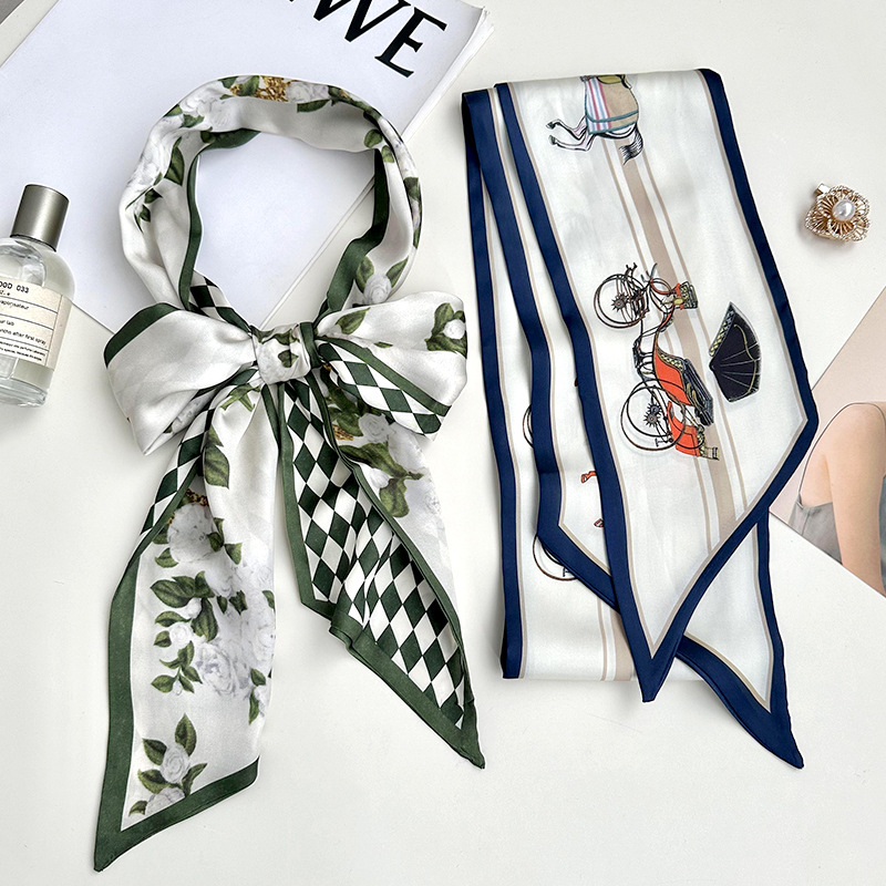 Bufanda de seda de imitación, pequeña fragancia, todo fósforo, primavera y verano, bufanda larga de doble cara de doble capa, bufanda larga y estrecha, cinta para el cabello