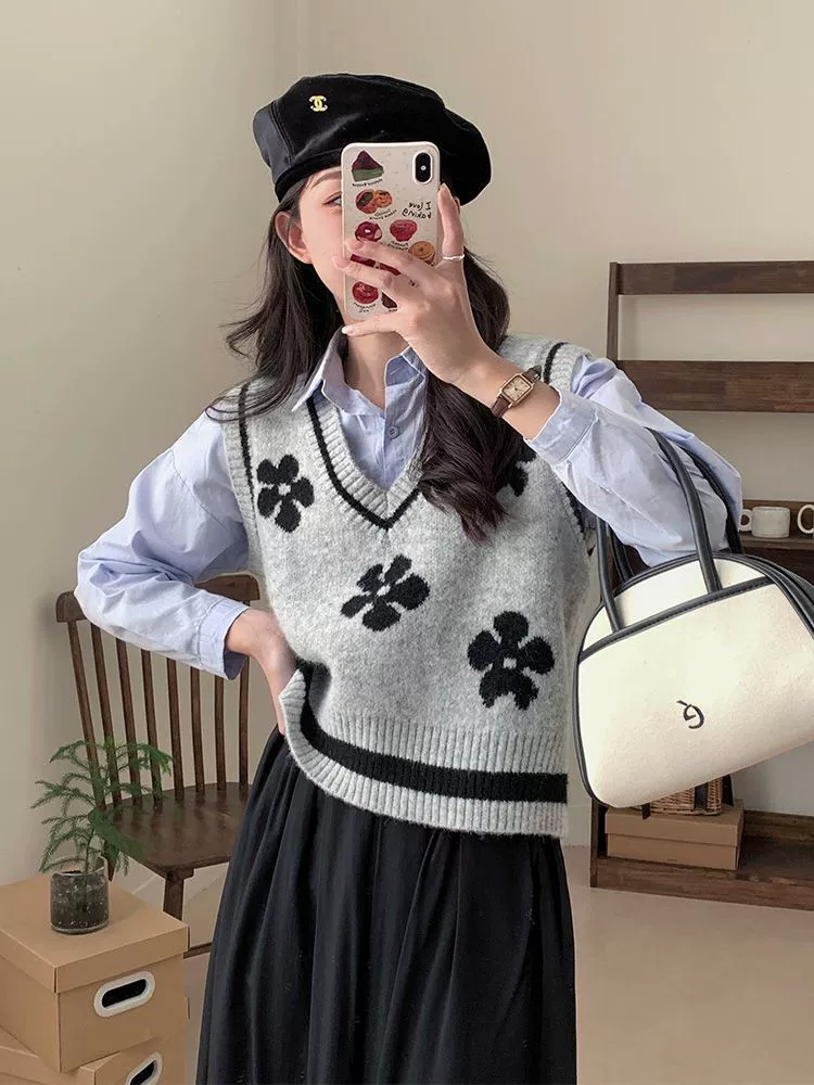 Осенние корейские цветы контрастные ретро вязаные жилеты женские короткие повседневные академические свитера жилеты с рубашками