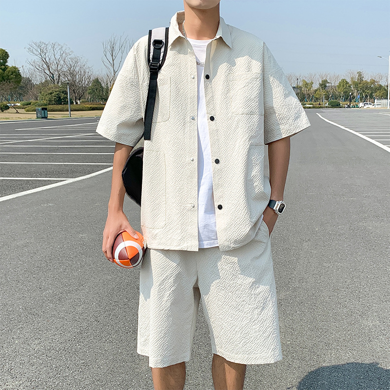 夏季短袖衬衫套装男士新款冰丝凉感休闲短裤穿搭一整套潮流两件套