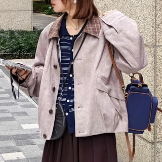 靓依轩 "帕斯托信箱"巴恩风格纹撞色领秋季工装夹克短外套女新款