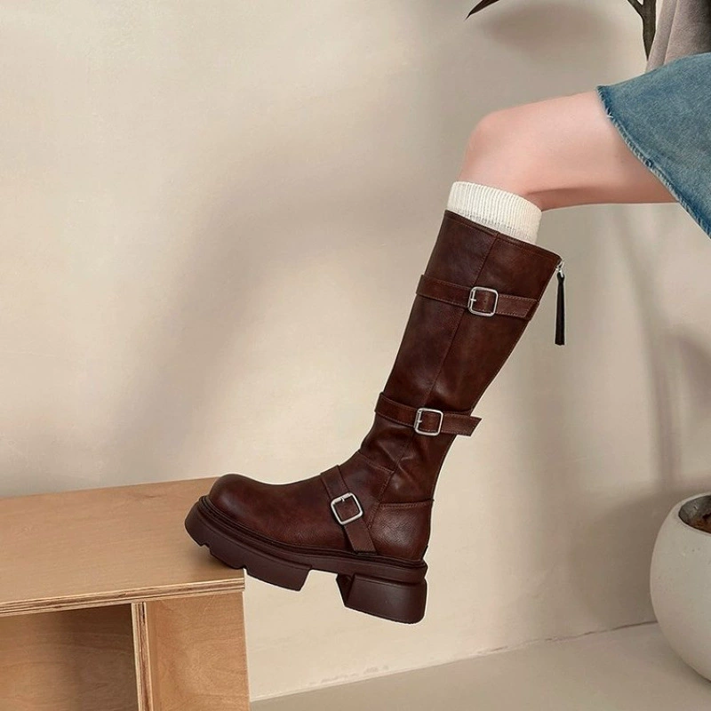 Brown denim high boots