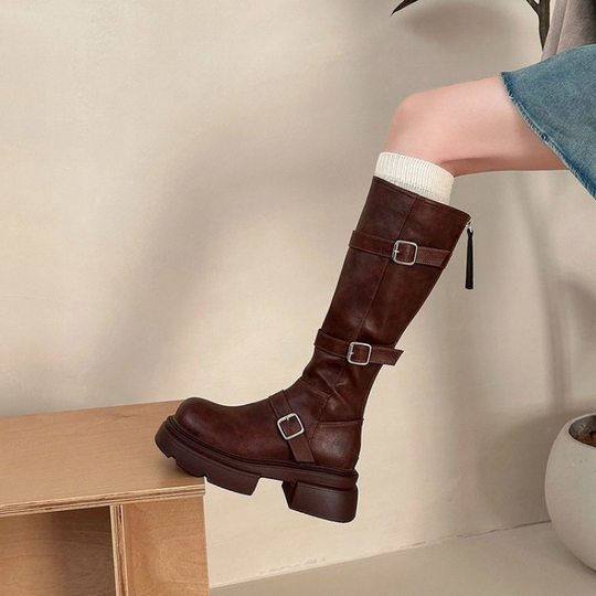 Brown boots women's 2024 new spring and autumn but knee thick bottom boots western Denim knight boots high boots