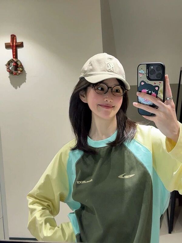 纯棉韩系撞色插肩袖圆领卫衣女2025秋季大码设计感小众情侣上衣潮|undefined