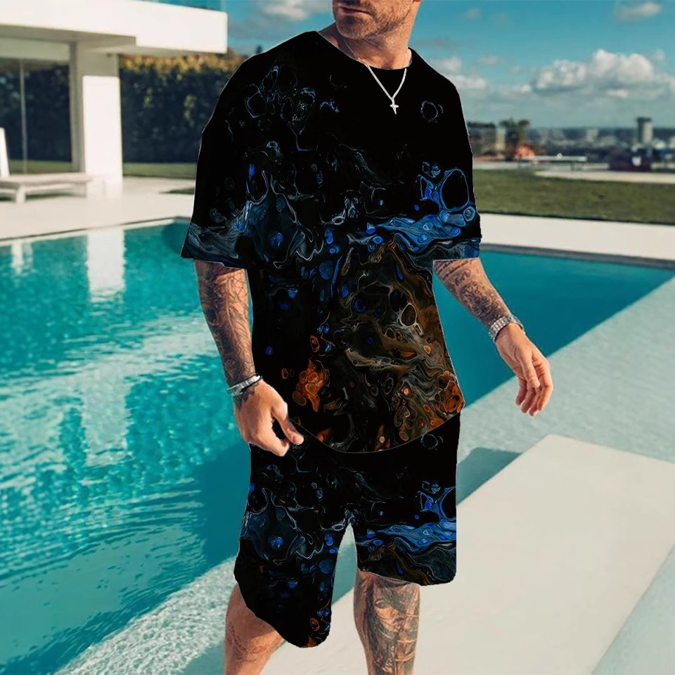 아마존 크로스 보더 동물 디지털 인쇄 3D 남성 캐주얼 비치 바지 티셔츠 반바지 세트