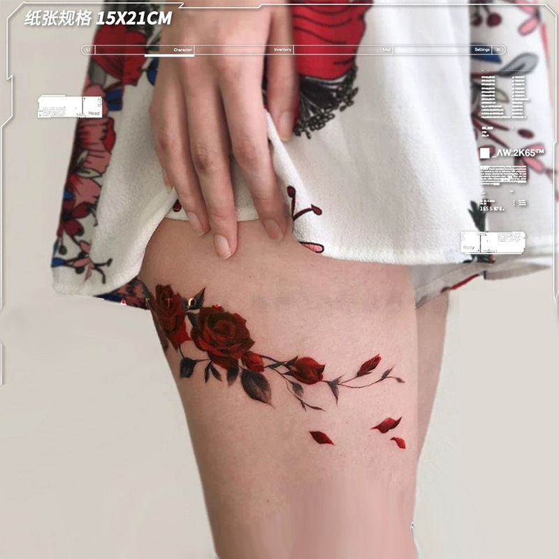 Rose Flower Chest Dark Red Rose Plant Flower Girl Tattoo Sticker Beautiful Sexy Leg Ring Leg Ankle
