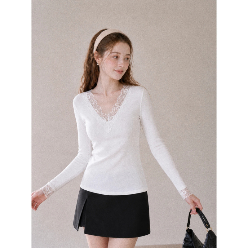 European-style best-selling gentle and pure desire V-neck lace trim slim-fit cashmere long-sleeve T-shirt top European-style best-selling gentle and pure desire V-neck lace trim slim-fit cashmere long-sleeve T-shirt top