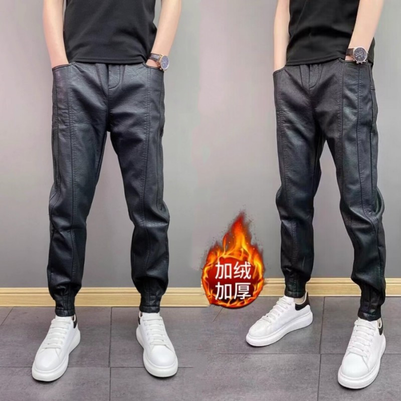 2023 Autumn/Winter New Men's Leather Pants, Fleece-lined, Thickened, Windproof, Waterproof, Warm, Slim Fit, Suitable for Delivery Rides and Motorcycles