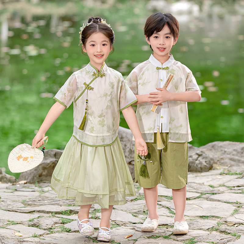 儿童汉服演出服男童中式套装幼儿园孩子中国舞国风夏短袖女童唐装
