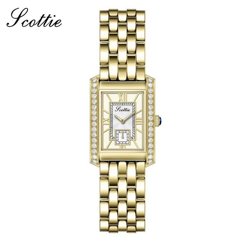 Женские часы (SCOTTIE 9655) квадратный корпус, стальная браслет, циферблат с кристаллами, независимые секунды