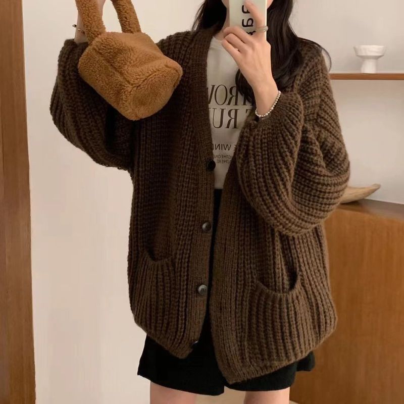 加厚粗线马海毛秋冬新款针织开衫女装宽松慵懒风复古休闲毛衣外套|undefined