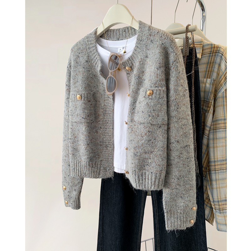 Chanel style gray cashmere knitted cardigan women's autumn lazy style outerwear mohair sweater coat top autumn and winter