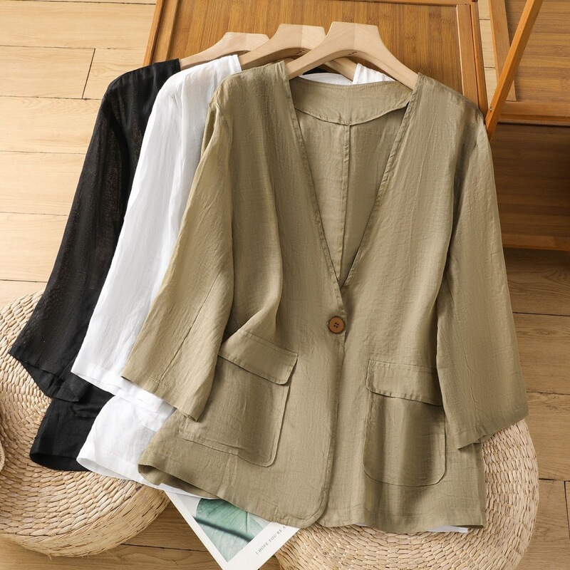 National Style Ramie One-Button Lapel Blazer for Women, New Summer Design, Three-Quarter Sleeve, Thin Sun-Protective Jacket National Style Ramie One-Button Lapel Blazer for Women, New Summer Design, Three-Quarter Sleeve, Thin Sun-Protective Jacket