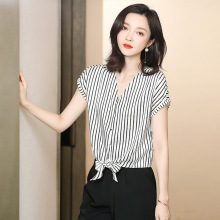 【跨境】真丝衬衫女士新款夏季V领短袖格纹别致设计感小众上衣