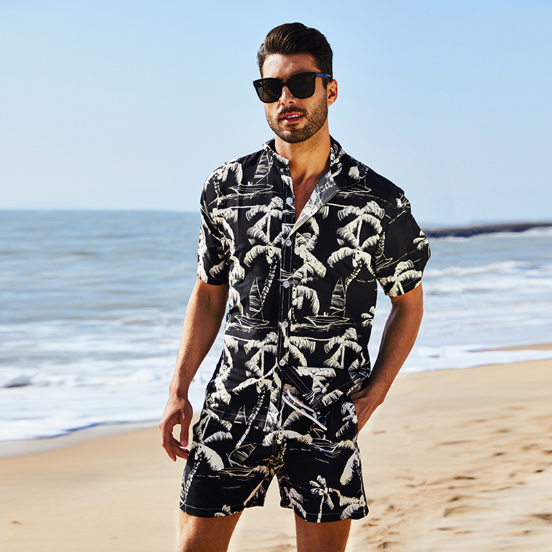 2024 nueva venta caliente hawaiana impresión transfronteriza trajes de playa de moda hombre guapo camisa de manga corta pantalones cortos grandes