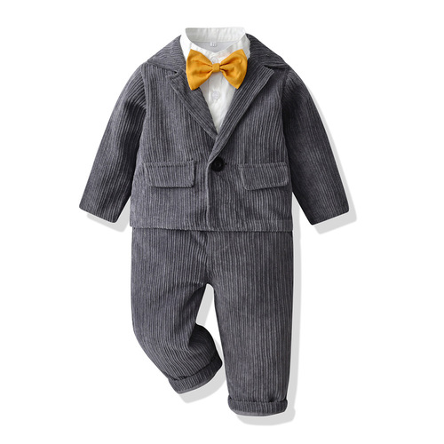 Autumn Corduroy Children's Set Trendy Long-Sleeve Solid Color Jacket Bow Tie Cotton Shirt Korean Style Children's Pants Three-Piece Set