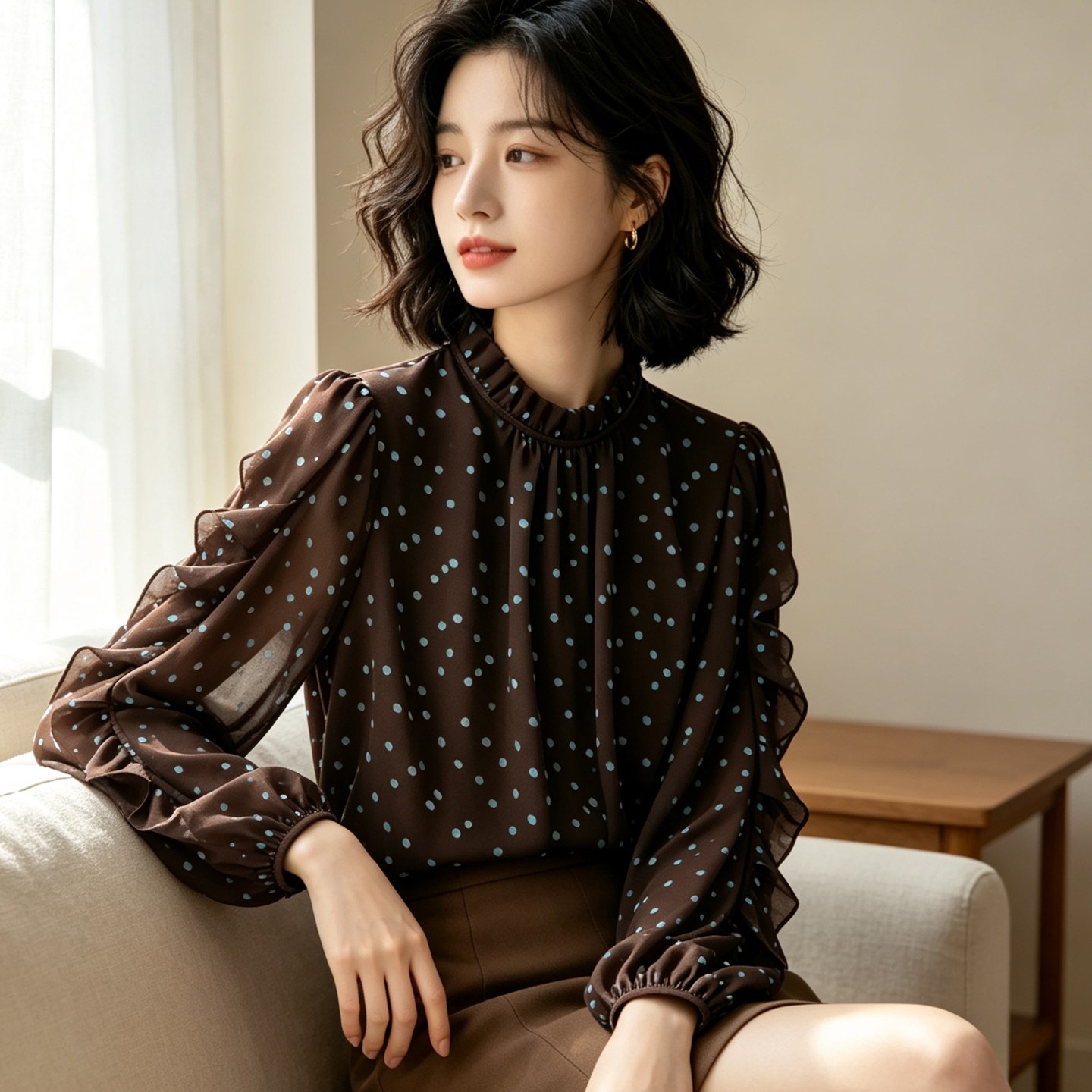 2026 Autumn New Arrival Coffee Color Ruffled Polka Dot Chiffon Blouse Women's Long Sleeve Elegant Top 6F03