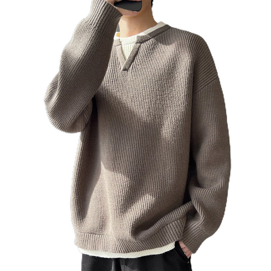Explosiones transfronterizas de tamaño grande europeo falso dos piezas de costura camiseta de punto suéter hombre cuello V viejo viento otoño invierno fábrica al por mayor