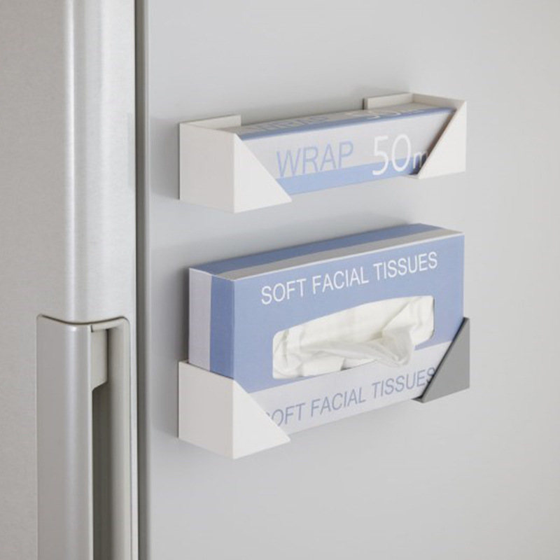 Triangular Plastic Wrap and Tissue Box Holder, Detachable Storage, Wall-Mounted, Hanging Type, Refrigerator Wall Storage Triangular Plastic Wrap and Tissue Box Holder, Detachable Storage, Wall-Mounted, Hanging Type, Refrigerator Wall Storage