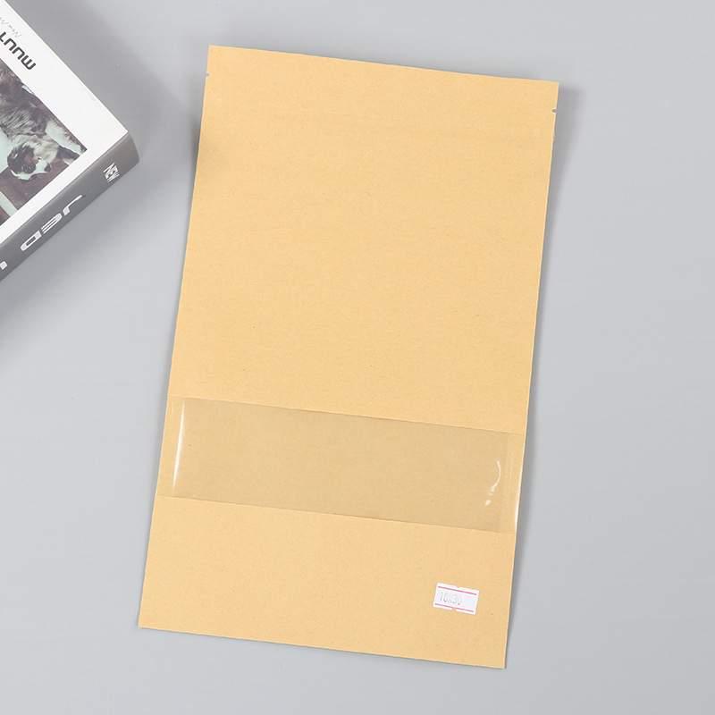 Spot bolsa de papel kraft con ventana transparente bolsa de embalaje de alimentos autosellada autoportante bolsa de té sellada de ocho lados fácil de rasgar
