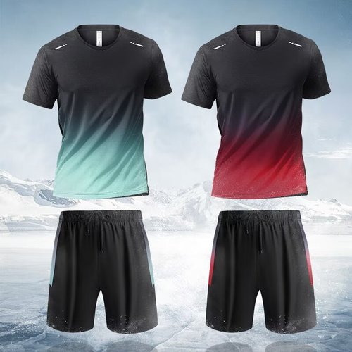 Foreign trade leftover set: short-sleeved T-shirt and ice-silk quick-drying basketball/running shorts—men's casual sportswear.