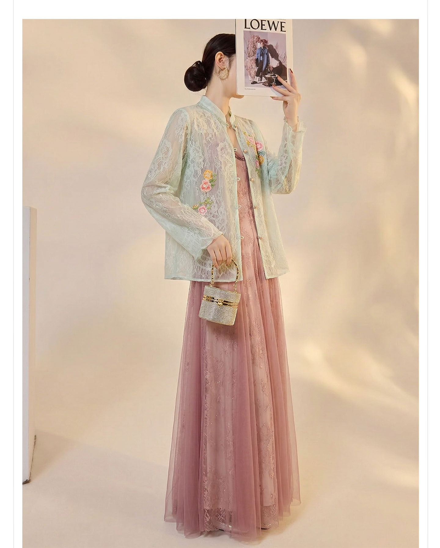 Váy maxi ren lụa dây mảnh nhiều tầng phong cách Trung Hoa hiện đại — Bột yêu đào chi tiết 19