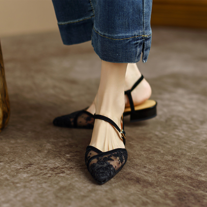 French breathable mesh hollow one-word pointed toe shoes 2024 summer versatile low-heeled toe Roman sandals for women_vogarts.com
