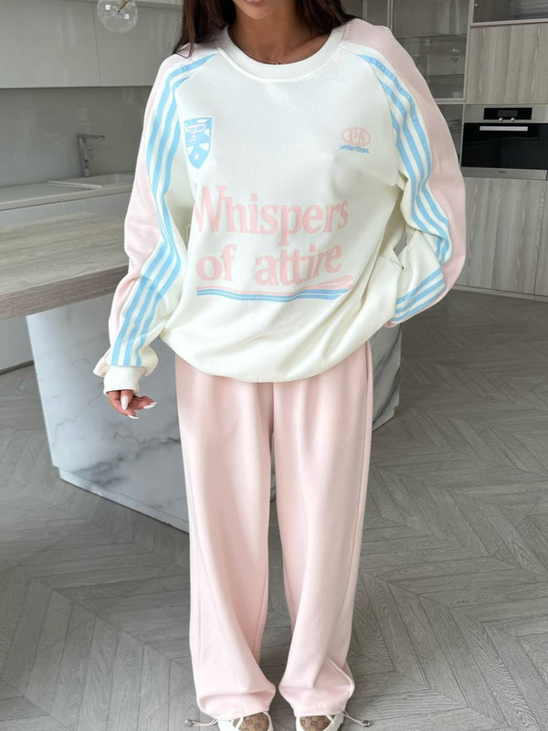 美式复古撞色字母印花圆领卫衣女秋季新款宽松运动风撞色长裤套装|undefined