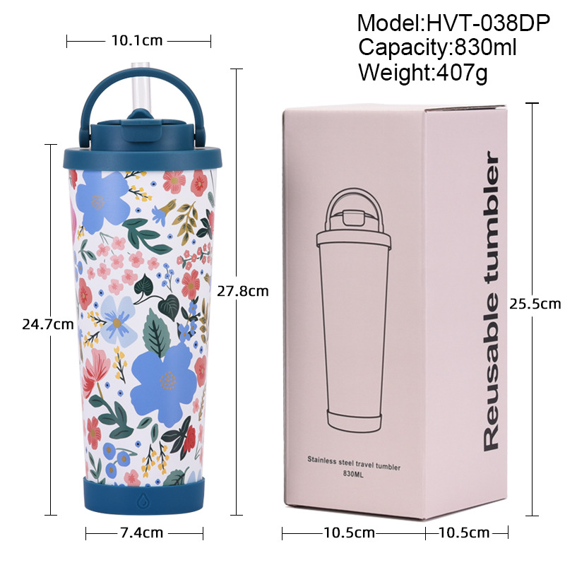 Yeni 830 ml büyük kapasiteli termos bardak, kullanışlı saplı, tek bardak, çift içme bardağı, büyük delikli baskılı pipetli bardak
