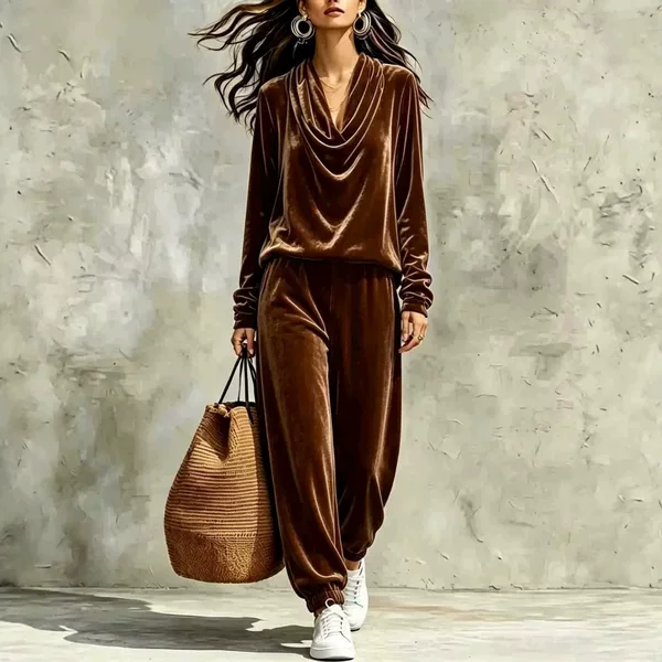 2026 Fall/Winter New European and American Fashion Women's Casual Draped Collar Long Sleeve Top and Jogger Pants Set for Cross-Border Amazon