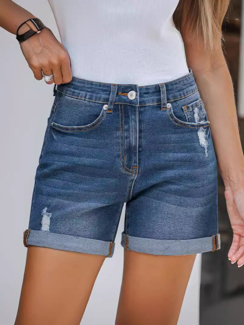 SC European and American cross-border supply for women's summer new straight slim fitted curly denim shorts
