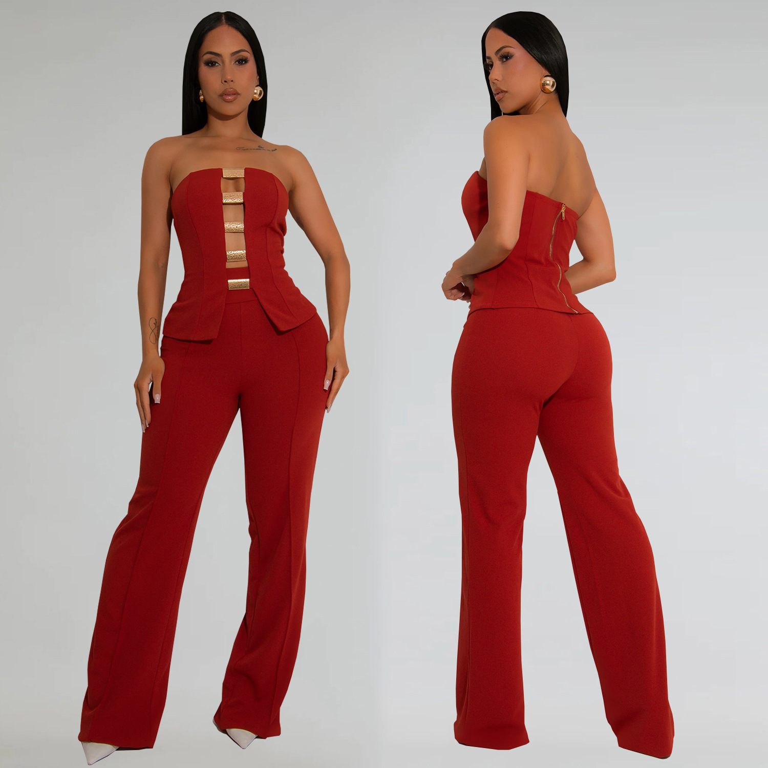 C7367 Cross-border AliExpress Amazon Ropa de mujer de moda europea y americana Top de tubo sexy Botón dorado Pantalones de brazo de dos piezas