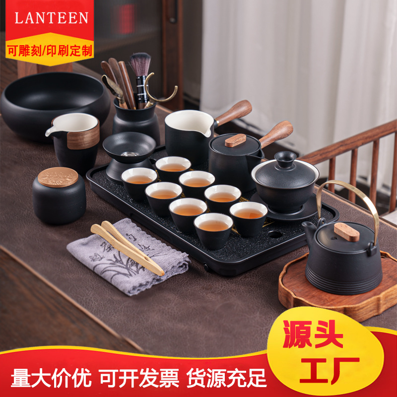 Black pottery Kung Fu tea set home living room ceramic tea set Zen style teapot tea cup office gift box gift