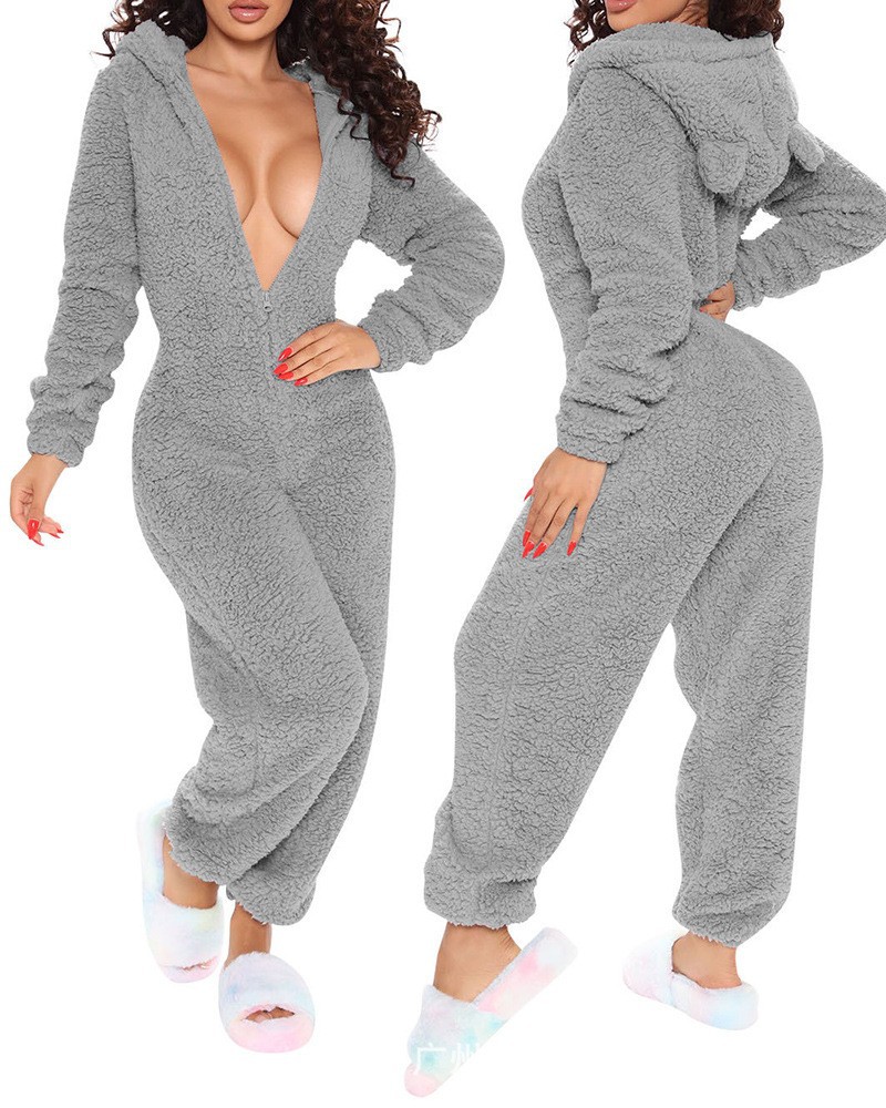 Kuscheliger Fleece Jumpsuit Für Damen Langarm Einteiler Romper_voghion.com