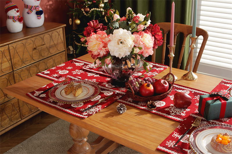 Drapeau de table de noël en jacquard teint en fil, flocon de neige, chapeau de noël, nappe à pampilles, décoration, couverture de drapeau de chevet_voghion.com