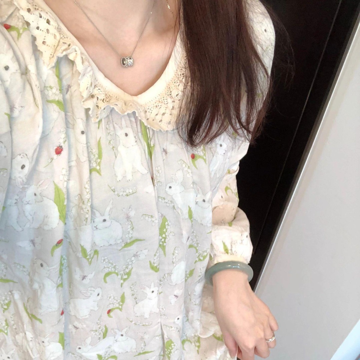 소녀의 달콤한 토끼 프린트 긴팔 면사 잠옷 여성용 봄과 가을 플러스 사이즈 얇은 더블 레이어 거즈 원피스