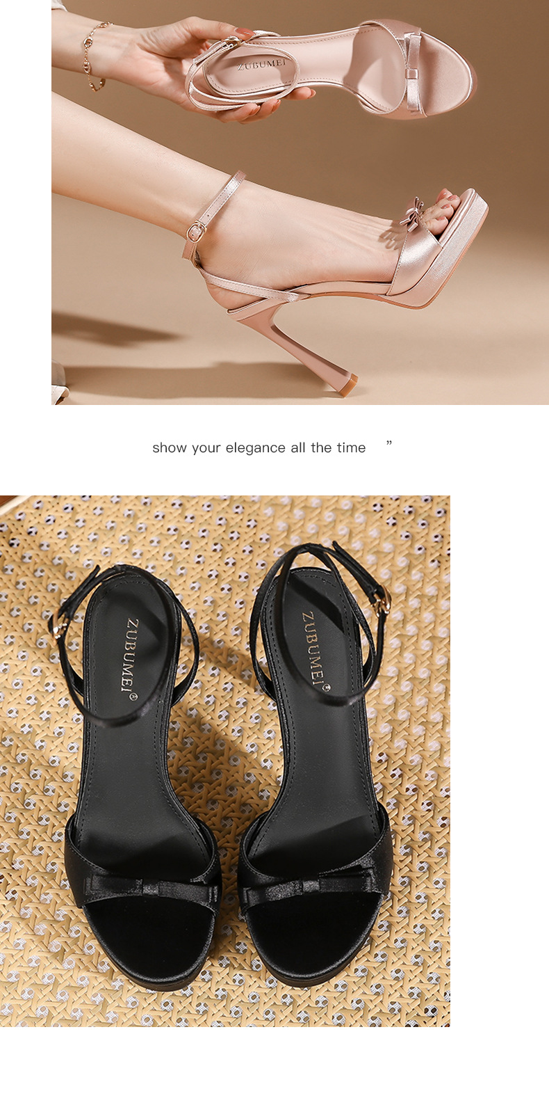 Sandal cao gót nữ hở mũi phối nơ satin quai ngang khóa móc, gót 9 cm — Champagne-9cm chi tiết 7