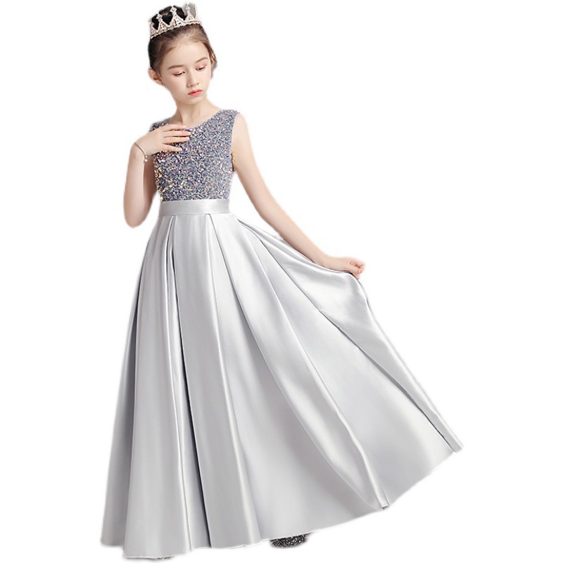 Concurso de piano para niñas vestido de noche traje de princesa vestido infantil anfitrión gris colorido cintura ajustada traje de rendimiento primavera