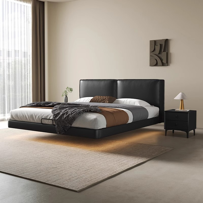 Cama de cuero de buey negro, cama principal, tofu negro, cama flotante, cama doble, cama de matrimonio simple.