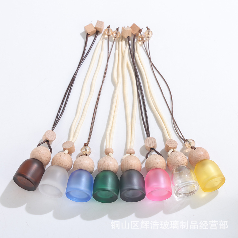 彩色蒙砂玻璃香薰瓶带挂绳车载香薰瓶汽车挂饰带木盖精油分装瓶子|undefined