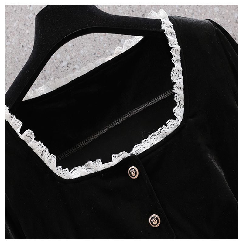 气质收腰金丝绒上衣女平品牌专柜同款大码胖mm感方领打底小衫